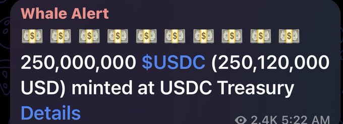 A "Whale Alert" notification announcing that 250,000,000 USDC (worth $250,120,000 USD) was freshly minted at the USDC Treasury, visually reinforcing the post's claim of $250 million in new USDC liquidity being issued, likely for use on the Solana network.
