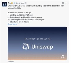 A social media post discusses how Uniswap on Aptos uses core DeFi building blocks including landing and borrowing flows, token launch and liquidity bootstrapping, MEV-resistant built around USDC native gas, and structured products.