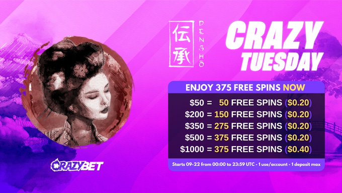 A pink and purple promotional banner for Crazybet's 'CRAZY TUESDAY' featuring 'Pengshi' with free spins offers ranging from 50 to 375 free spins based on deposit amounts from $50 to $1000.