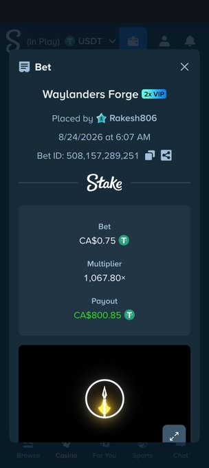 A Stake.com betting slip showing a successful wager on "Waylanders Forge" by user Rakesh806, with a CA$0.75 bet placed on 8/24/2026 at 6:07 AM that yielded a 1,067.80× multiplier payout of CA$800.85. The image illustrates the poster's celebratory "max hit" moment referenced in the caption, showcasing their big win after a streak of losses.