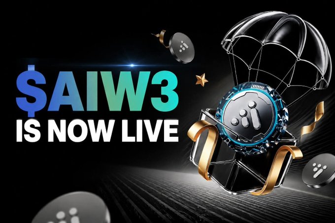 The image declares "$AIW3 IS NOW LIVE" with a cryptocurrency coin presented as an airdrop gift, directly relating to the announcement of the $AIW3 Token Generation Event completion and airdrop distribution.