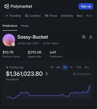 A screenshot of a Polymarket profile for 'Sassy-Bucket', showing $10.7K Positions Value, $295.0K Biggest Win, and a profit/loss of $1,361,023.80 over the past month with a line graph.