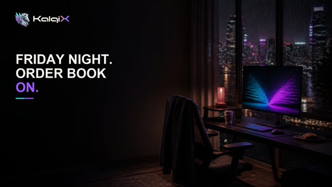 A promotional image for KalajX featuring the text 'FRIDAY NIGHT. ORDER BOOK ON.' alongside a dimly lit desk setup with a monitor displaying neon graphics against a city skyline at night.