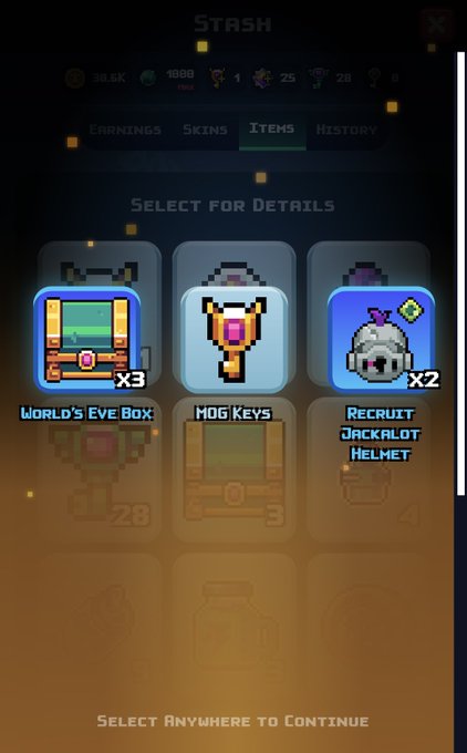 A screenshot of the "Stash" inventory screen in the game MOG showing the "Items" tab, featuring 3 World's Eve Boxes, 1 Mog Key, and 2 Recruit Jackalot Helmets. The displayed items reflect the post's mention of opening a Premium Cache and finding 2 Sir Jack helmets (Jackalot), along with keys and other rewards from the game.