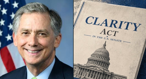 A portrait of Rep. French Hill beside a graphic titled "CLARITY Act in the U.S. Senate" featuring the Capitol dome, illustrating the legislator's push to advance the crypto regulation bill discussed in the post.