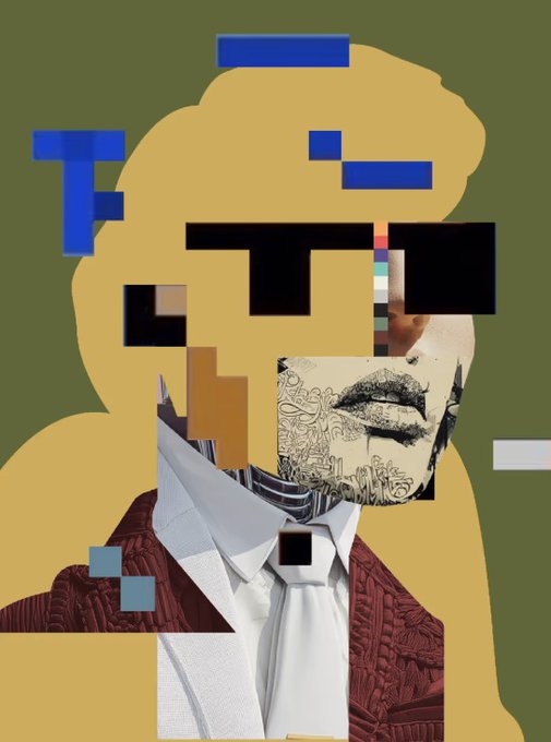 The image features an abstract collage of various elements, including a man's face with a tie, a shirt, and a jacket. The collage appears to be a digital art piece or a mixed media artwork that combines different textures and colors. The background is green, which contrasts with the white collar on the man's neck. The image also contains text that reads "sell a little btc sell a little eth buy some R3ORDR". This suggests that there might be an online marketplace for used items or a message about buying and selling used goods.