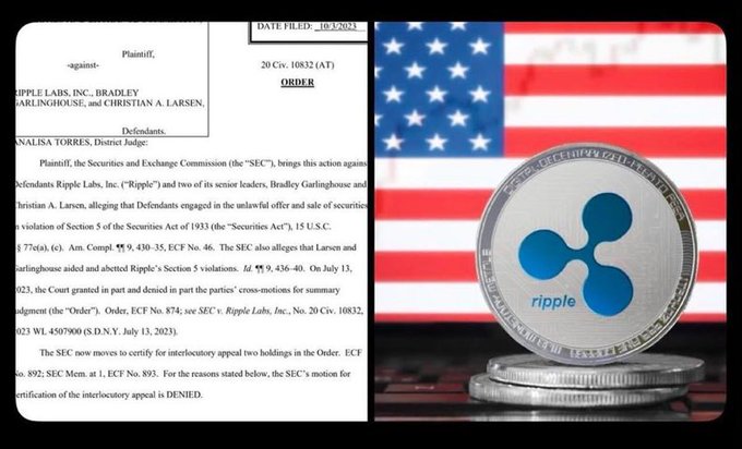 A split image showing a SEC court order document regarding Ripple Labs on the left and a physical Ripple (XRP) coin with the American flag in the background on the right.