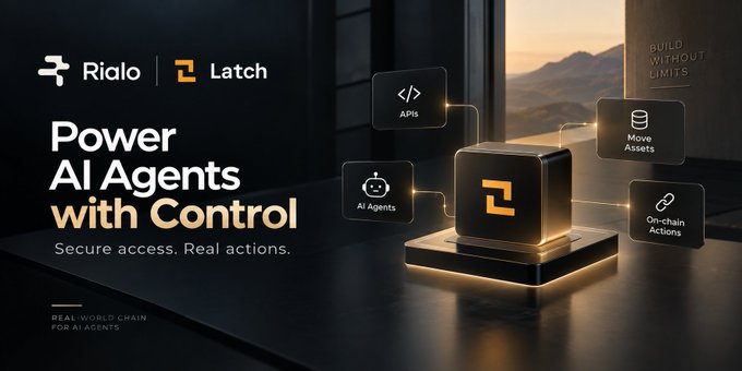 A promotional banner for 'Rialo' and 'Latch' reading 'Power AI Agents with Control' and 'Secure access. Real actions.', alongside 'REAL-WORLD CHAIN FOR AI AGENTS'.