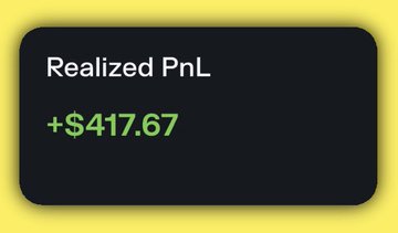A dark card on a yellow background displaying the text "Realized PnL" above a green profit figure of "+$417.67."
