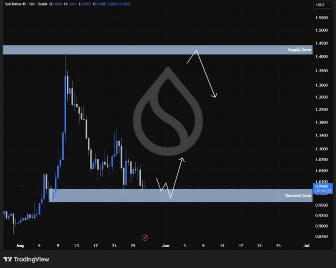 The image features a trading platform displaying a chart of the price of a cryptocurrency, $SUI. The chart has a blue line and a downward-pointing arrow indicating that the demand for the currency is declining. This information is crucial because it helps traders decide whether or not they should buy or sell the cryptocurrency at this particular moment. A low-demand zone in the chart would mean that there might be opportunities to invest in other cryptocurrencies, potentially making a profit if the market recovers and prices rise again. It highlights the importance of staying informed about market trends and understanding how different factors influence currency values.