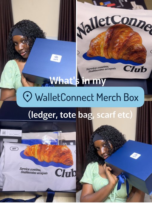 A woman with curly hair and a headband holds a blue box, showcasing a WalletConnect Merch Box containing items like a ledger, tote bag, and scarf, with a tote featuring a croissant graphic and text 'Service continu. Stablecoins accepts.'