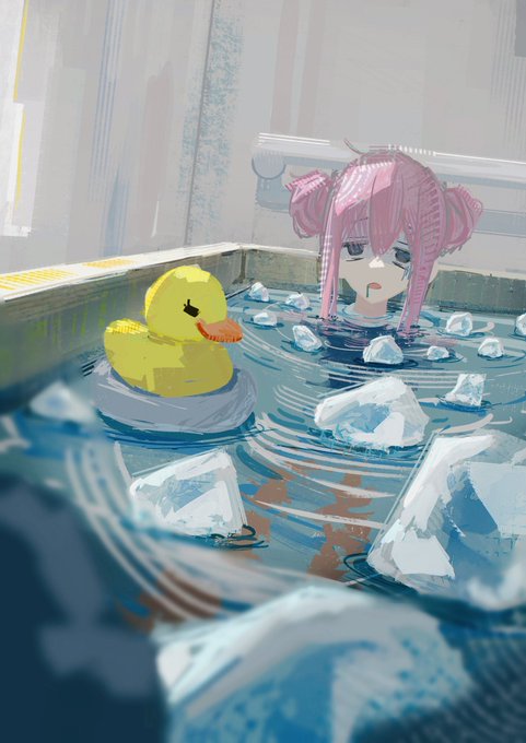 The image features a cartoon character, possibly a girl or a woman with pink hair, sitting inside an icy bathtub filled with ice cubes. The character appears to be enjoying her time in the cold water. In the background of the image, there is a yellow rubber duck floating on top of the water. A caption below the image reads "What do they even need all that monies for It must be for buying more ARB... right". This suggests that someone might have created this cartoon character and its icy bathtub as part of an art project or a humorous post, possibly to poke fun at the idea of spending money on something as simple as taking a bath.