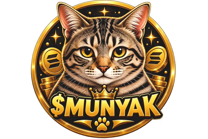 A circular gold-colored logo featuring a tabby cat's face with a crown, accompanied by coins and stars, with the text '$MUNYAK' displayed prominently at the bottom.