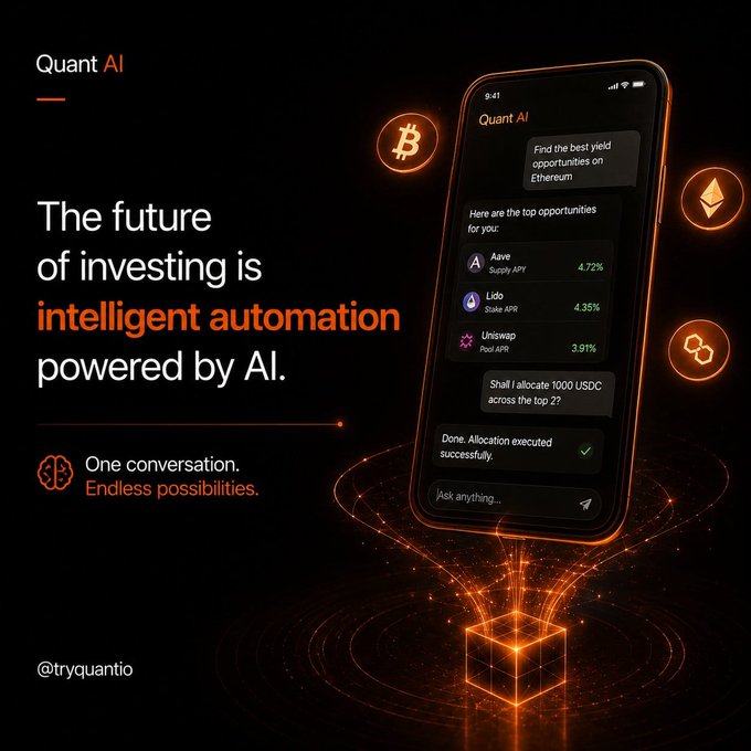An advertisement for Quant AI (@tryquantio) promoting 'The future of investing is intelligent automation powered by AI,' featuring a smartphone displaying crypto yield opportunities like Aave, Lido, and Uniswap.