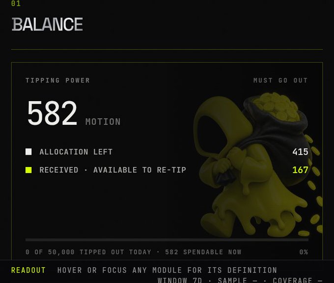 A digital interface displays a "BALANCE" screen showing a tipping power of "582 MOTION," with 415 received and 167 available to re-tip, confirming the "$MOTION" tipping service is back up and functional as mentioned in the post.