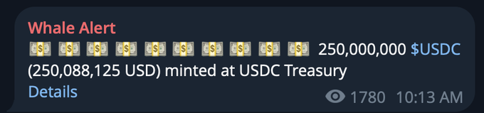The image shows a screenshot of an email notification screen with several details about funds being minted at the USDC Treasury, including $25,000,000 being minted, and the transaction being referred to as "liquidity". The email was sent on @solana, but no further information can be found about the content or sender in the screenshot.