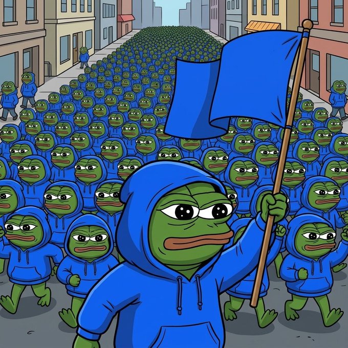 A digital illustration depicting a large crowd of Pepe the Frog characters in blue hoodies, with one in the foreground holding a blue flag.