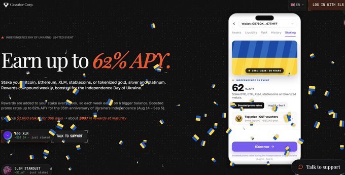 The image displays a Cassadar Corp. promotional webpage for a limited-edition "Independence Day of Ukraine" staking event, featuring up to 62% APY on assets including Bitcoin, Ethereum, XLM, stablecoins, and tokenized gold/silver/platinum for the 35th anniversary celebration (Aug 14–Sep 5). A phone mockup on the right shows the staking interface for wallet "0d1G42...RTHF" highlighting the boosted promo rates, aligning with the post's discussion of Sl8's APY compounding rewards structure.
