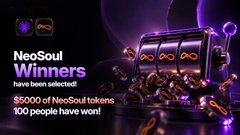 A promotional graphic announcing "NeoSoul Winners" with a golden treasure chest spilling coins, stating that "50000 of NeoSoul tokens" were distributed and "100 people have won!" The image celebrates the conclusion of the NeoSoulAI x ActionFi lottery, where 100 winners received $50 each in NeoSoul tokens for completing tasks, including the user "trathoa."