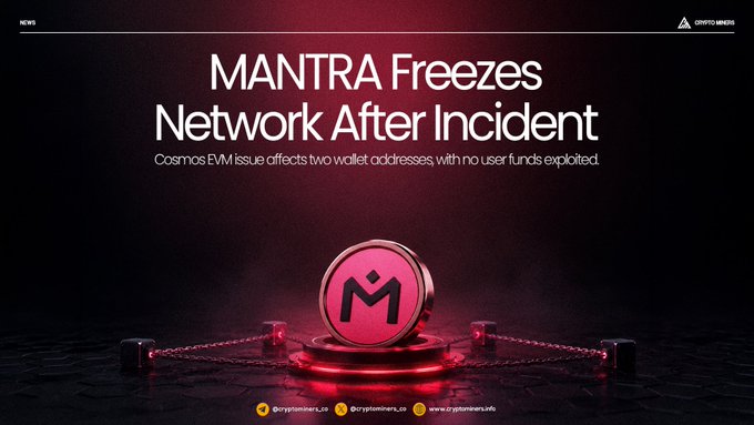 The image is a Crypto Times news graphic with the headline "MANTRA Freezes Network After Incident" and subtext "Cosmos EVM issue affects two wallet addresses, with no user funds exploited," featuring the MANTRA logo enclosed by a chain, visually reinforcing the article about MANTRA Chain halting transactions due to a Cosmos EVM security incident.