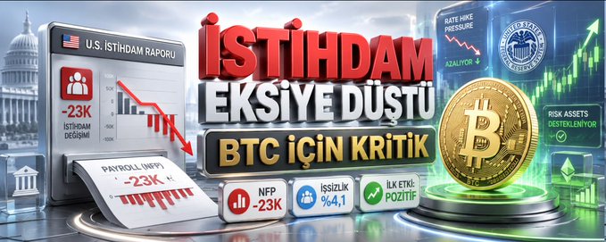 A Turkish crypto news graphic with the headline 'İSTİHDAM EKSİYE DÜŞTÜ' (Employment dropped into negative), featuring U.S. employment data (-23K), NFP -23K, unemployment at 94.1%, and a gold Bitcoin coin, noting it is critical for BTC.