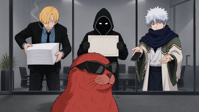 Anime-style illustration featuring characters resembling Sanji, a hooded figure, and Gintoki standing behind a red dog wearing sunglasses, with the hooded figure holding a blank sign.