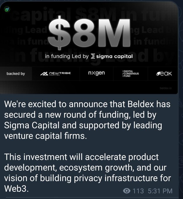 A promotional graphic announcing that Beldex has secured $8M in funding led by Sigma Capital, backed by NewTribe Capital, NXGen, Digital Consensus Fund, and Peak, with text about building privacy infrastructure for Web3.
