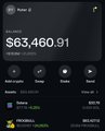 A dark-themed mobile app screen showing a portfolio balance of $63,460.91 with navigation tabs including Earn/Spend, Markets, Charts, and Logout.