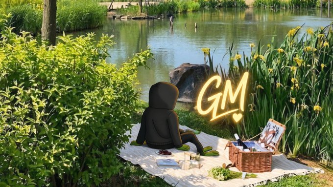 A 3D cartoon character in a black hoodie sits on a picnic blanket by a pond, with a neon 'GM' (Good Morning) sign floating beside a picnic basket and food.