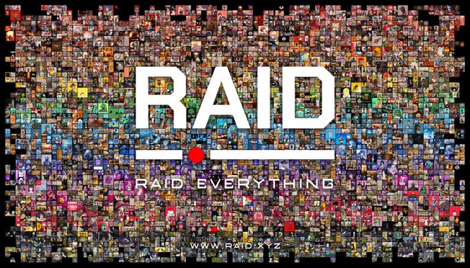 A promotional image titled 'RAID' with the tagline 'RAID EVERY THING' and website 'WWW.RAID.XYZ', featuring a collage of many small images in the background.
