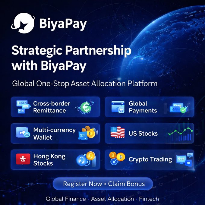 Advertisement for BiyaPay titled 'Strategic Partnership with BiyaPay', a 'Global One-Stop Asset Allocation Platform' offering cross-border remittance, payments, crypto trading, and stocks.