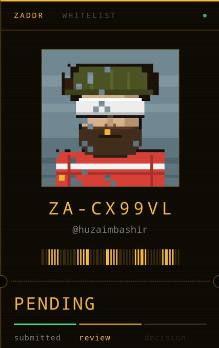 A pixel-art character profile on a ZADDR WHITELIST application displays the ID 'ZA-CX99VL' with username '@huzaimbashir', showing a PENDING status with the review phase highlighted.