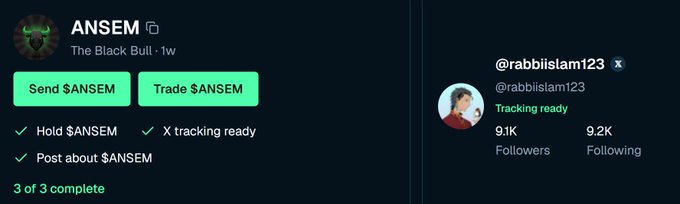 A screenshot showing a crypto token page for ANSEM (The Black Bull) with options to 'Send $ANSEM' and 'Trade $ANSEM', showing 3/3 completed tasks including holding and posting, alongside a profile for @rabbislam123 with 9.1K followers.