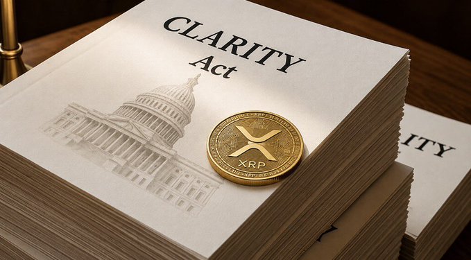 Stack of documents labeled 'CLARITY Act' with an illustration of the U.S. Capitol building, alongside a physical gold-colored XRP cryptocurrency coin.
