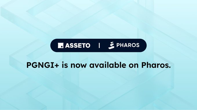A light cyan promotional graphic featuring geometric 3D bar patterns, with an "ASSETO | PHAROS" logo badge and the announcement "PGNGI+ is now available on Pharos."