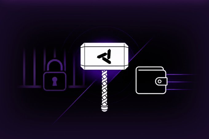 The image shows a stylized illustration of Thor's hammer (Mjolnir) flanked by a padlock behind bars on the left and a wallet with speed lines on the right, set against a dark purple background. The wallet with motion streaks visually represents the post's message about the frustrating reality of non-custodial crypto wallets, where users hold the "hammer" of true ownership but face daily frictions like stuck withdrawals, slow transactions, and limited control over their funds.