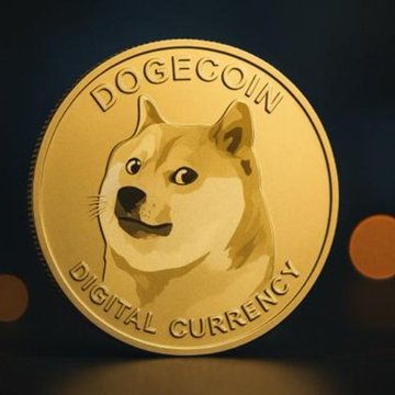A close-up of a gold Dogecoin coin displaying the Shiba Inu dog and the text 'DOGECOIN' and 'DIGITAL CURRENCY' against a dark, bokeh-lit background.