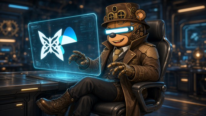 A steampunk-style anthropomorphic bear character wearing goggles, a hat, and a leather coat sits in a chair at a desk, interacting with a glowing blue holographic display showing a butterfly-like logo.