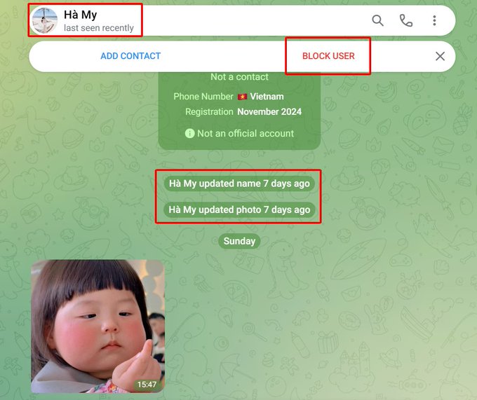 A screenshot of a messaging app profile for 'Hả My' showing 'BLOCK USER' and 'ADD CONTACT' options highlighted, with notes indicating the user updated their name and photo 7 days ago, alongside a photo of a young child.