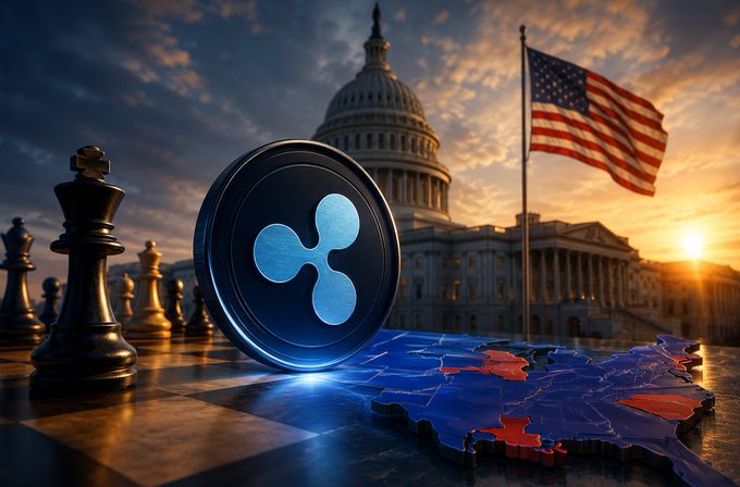 The image features the XRP (Ripple) cryptocurrency logo prominently displayed against a backdrop of the U.S. Capitol building and an American flag, with chess pieces and a U.S. map, symbolizing Ripple's strategic $189,000,000 investment aimed at influencing the 2026 U.S. midterm elections to achieve regulatory clarity for crypto, as highlighted by the hashtags #XRP #Crypto.