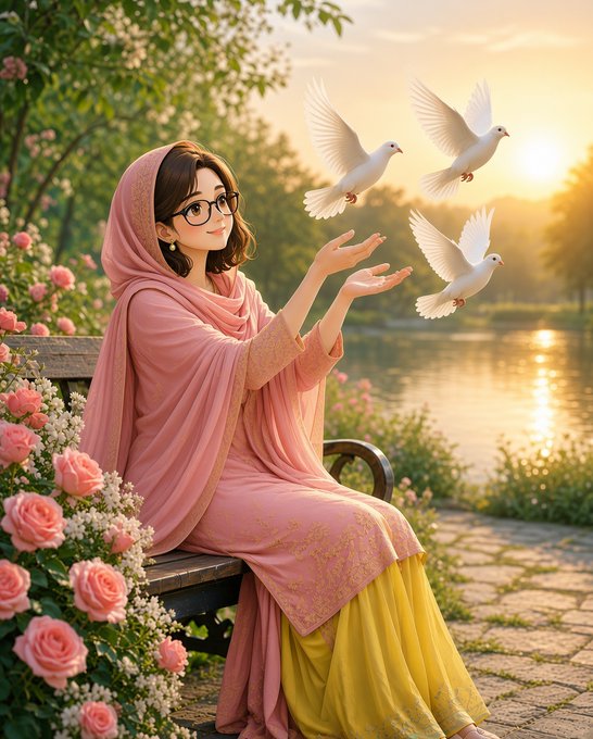A young woman wearing a pink hijab and glasses sits on a bench by a lake at sunset, gently releasing white doves from her hands amid pink rose bushes.