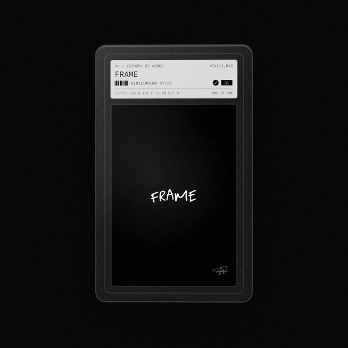 A black trading card labeled "FRAME" with "#741/2,848" and "VV / ECONOMY OF WORDS" features the word "FRAME" handwritten in white at the center, visually echoing the accompanying "Secured" message by presenting the card as newly acquired.