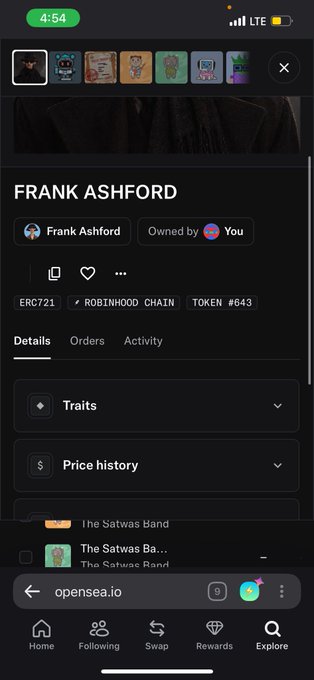 A mobile screenshot of the OpenSea NFT marketplace displaying an NFT titled 'FRANK ASHFORD', token #643 on the Robinhood Chain, priced and owned by the user.