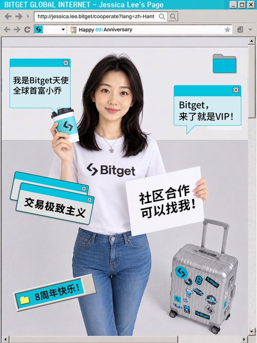 Promotional image styled as a Windows browser window titled 'BITGET GLOBAL INTERNET - Jessica Lee's Page', featuring a woman in a Bitget shirt holding a sign reading '社区合作可以找我!' alongside text bubbles including '我是Bitget天使 全球首富小乔' and 'Bitget, 来了就是VIP!'.