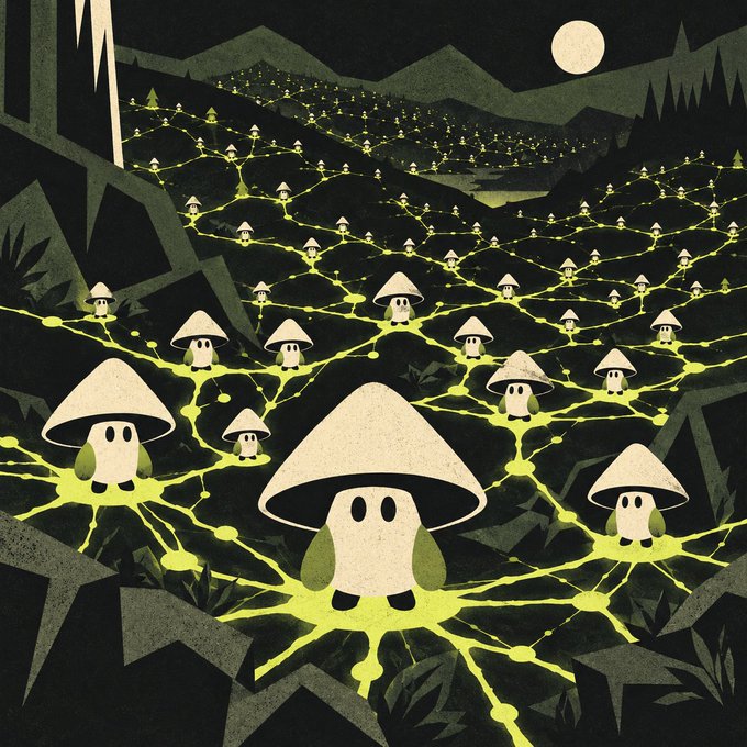 A whimsical illustration depicts cute mushroom-shaped characters connected by glowing yellow veins across a dark, mountainous landscape under a full moon, visually mirroring the post's theme of interconnected liquidity pools where each new "launch" node links to dozens of other pools in a vast network.