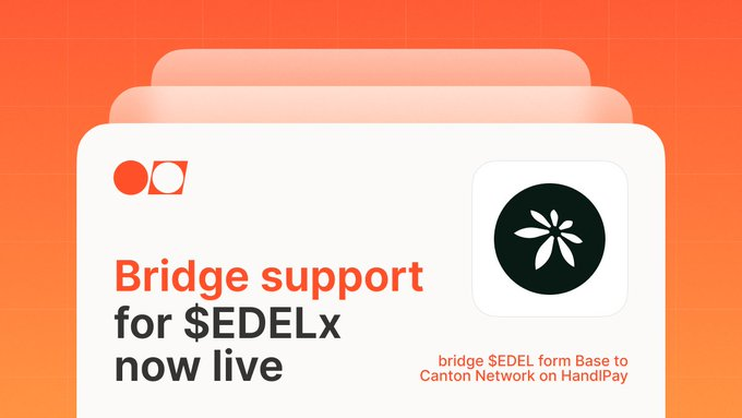A promotional graphic with an orange gradient background announces "Bridge support for $EDELx now live," highlighting the ability to bridge $EDEL tokens between Base and Canton Network through the HandiPay wallet, as the platform prepares for its Perpetual Futures Exchange public beta launch and upcoming $EDELx staking.