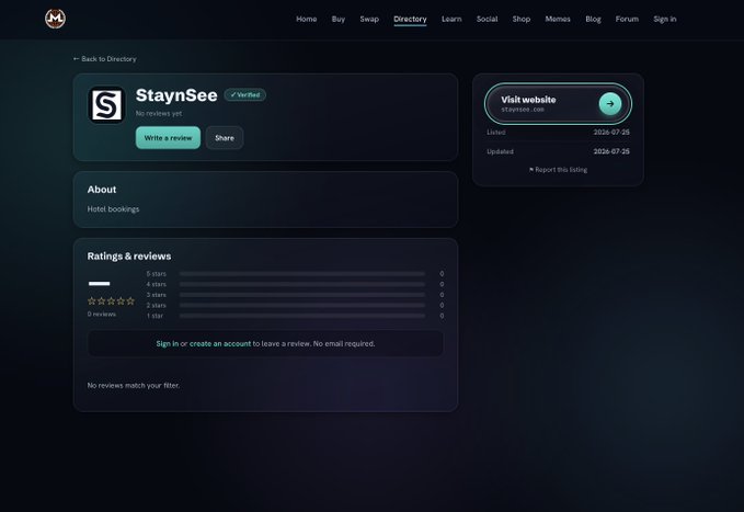 A dark-themed website directory page for 'StaynSee' (Hotel bookings) showing no reviews yet, listed on July 25, 2026, with options to write a review or share.