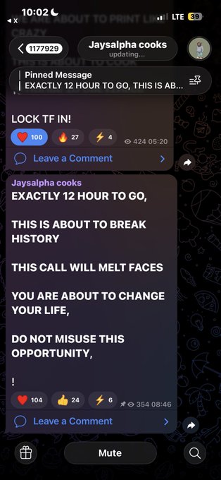 A Telegram group post titled 'Jaysalpha cooks' announcing an upcoming call, featuring phrases like 'THIS IS ABOUT TO BREAK HISTORY' and 'DO NOT MISUSE THIS OPPORTUNITY.'