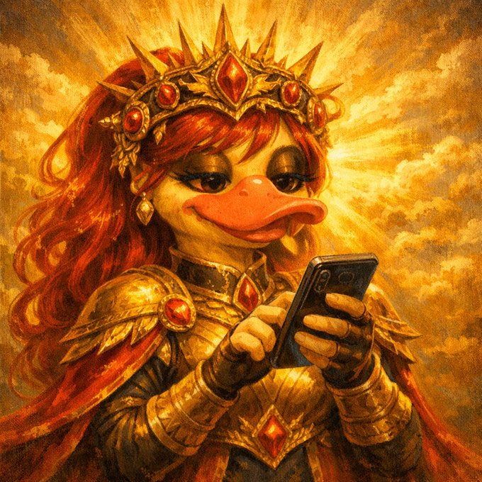 The image features a cartoon duck wearing a crown and holding a cell phone. The duck appears to be looking at its phone, possibly texting or browsing social media. The background of the image shows clouds, suggesting an outdoor setting. There are no other objects in the image besides the cartoon duck and the sky with clouds.