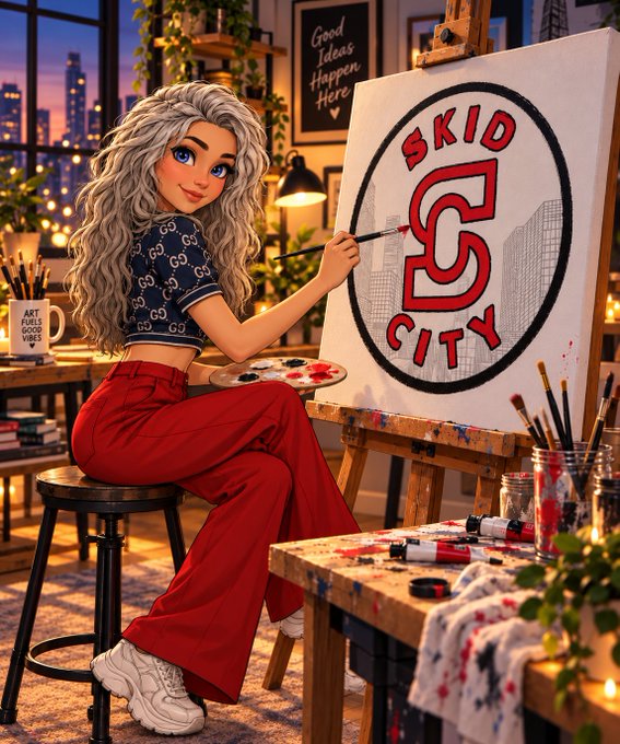 An anime-style illustration of a gray-haired woman painting a "SKID CITY" logo on a canvas at an easel, wearing a Gucci crop top, red pants, and sneakers, with a city skyline visible through the window.